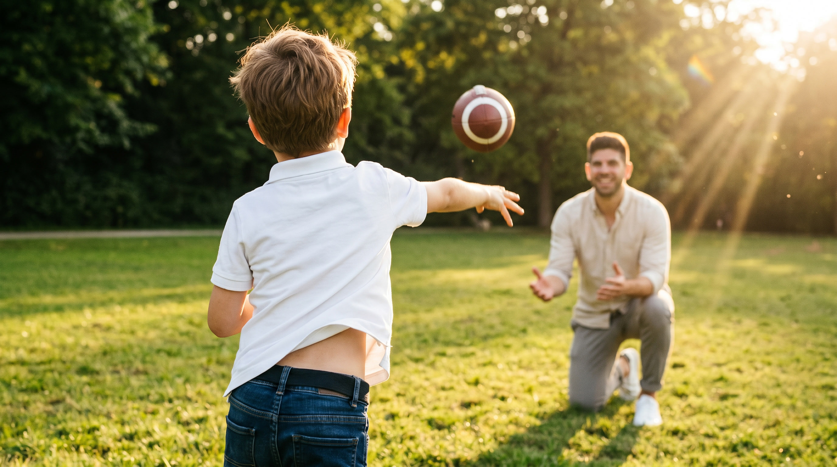 A father and son playing catch at sunset